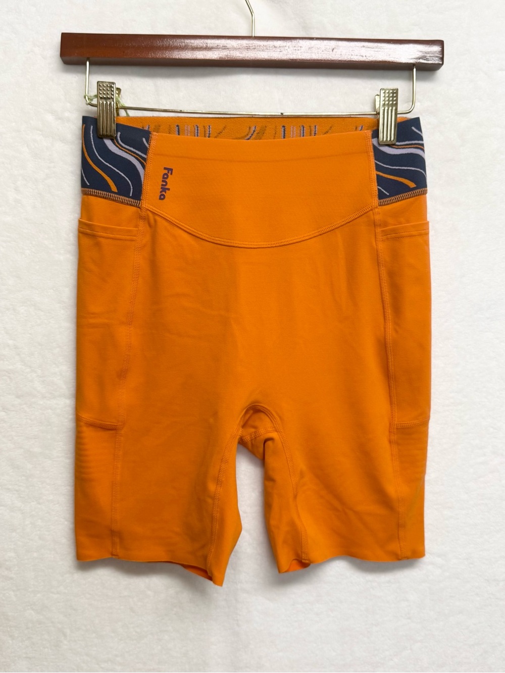High-Rise Orange Women’s Bike Shorts with Pocket - Picture 2 of 8